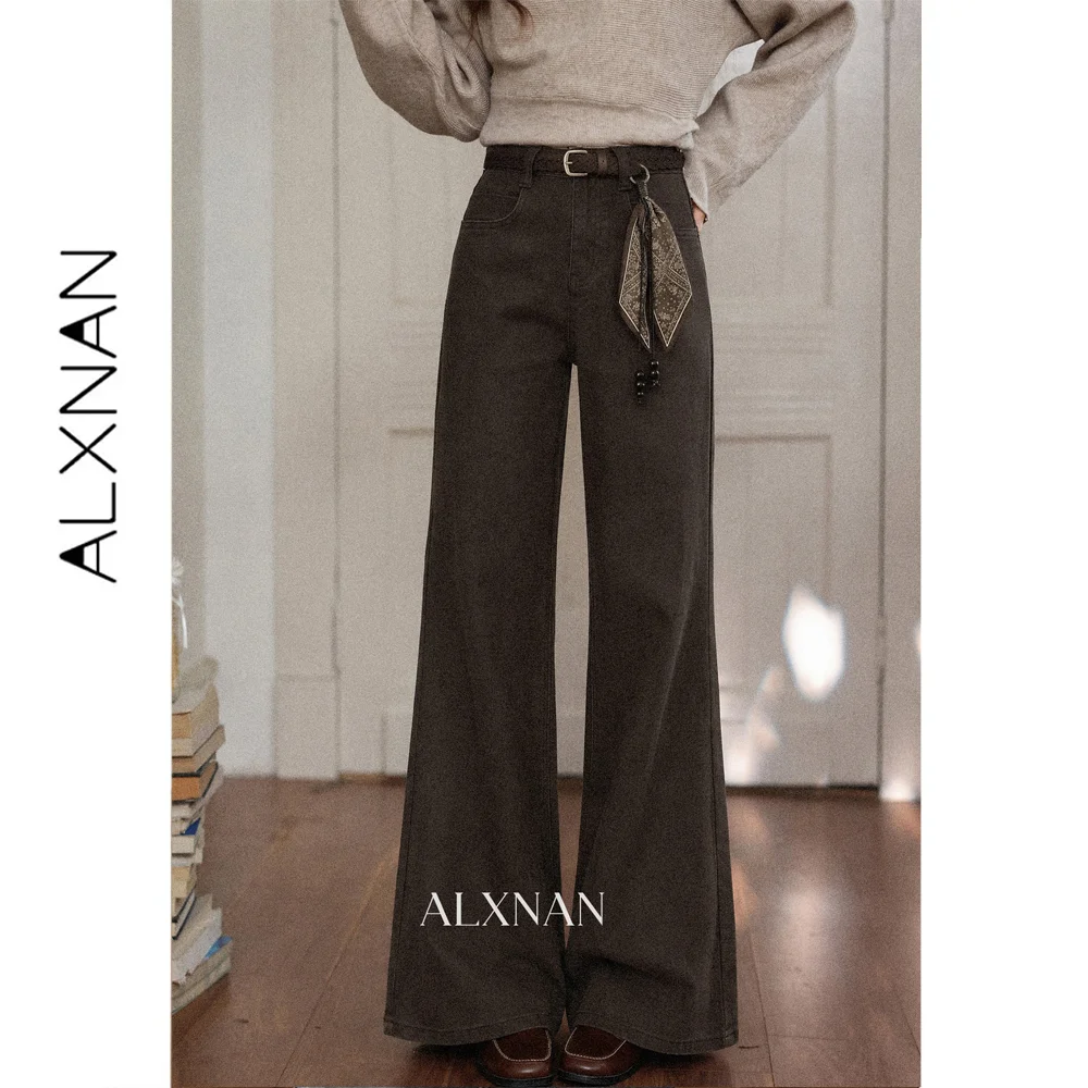ALXNAN Women Brown Straight Leg Flare Wide Leg Jeans Vintage Casual Slimming Versatile Commuter Minimalist Autumn 2026 L677112A