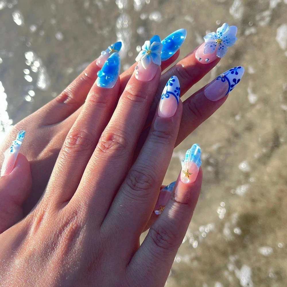 10pcs French Gradient Blue With Shell&Floral Press On Nails 3D Medium Almond Oceanic Design Fake Nails Y2K Summer Handmade Nails