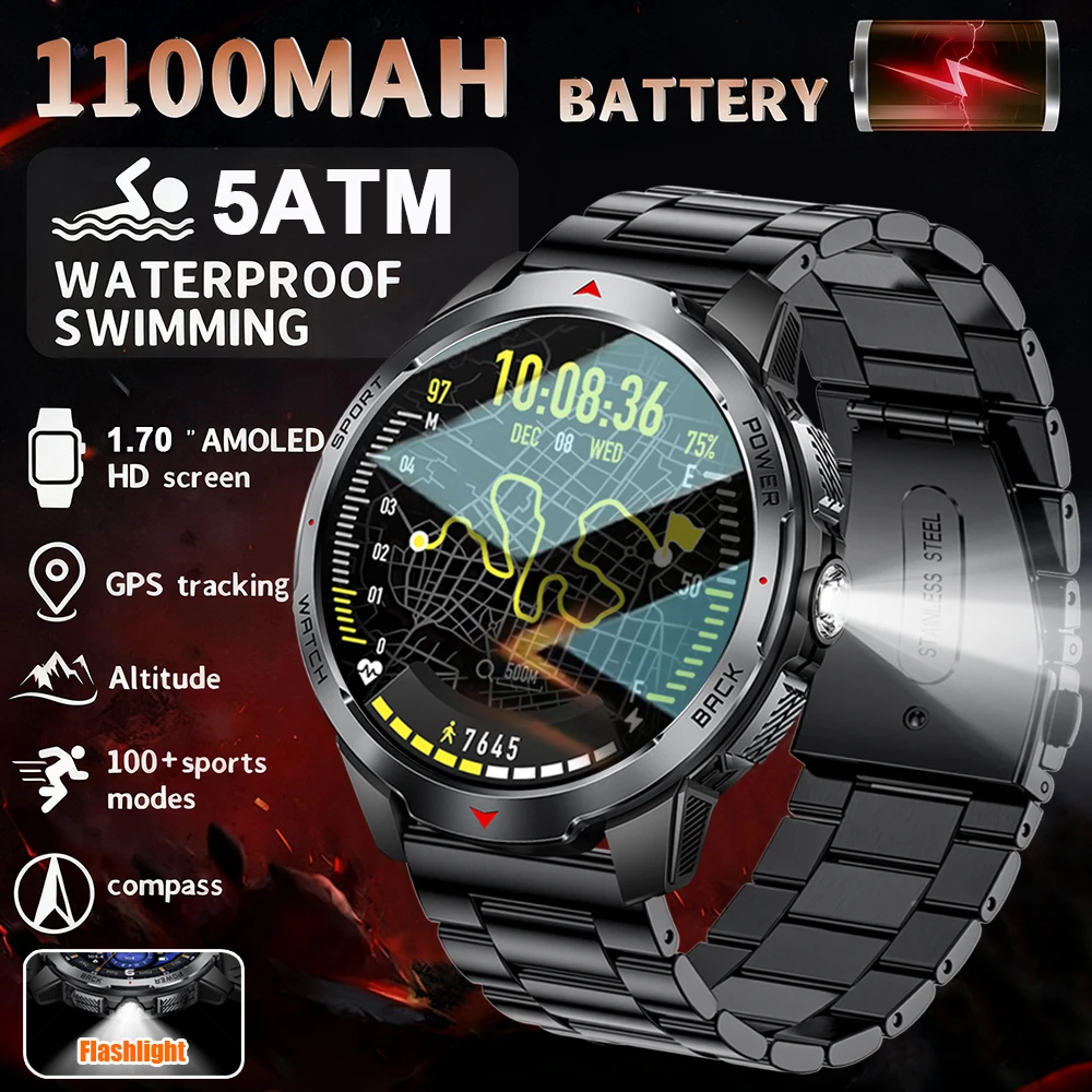 

1100mAh Military Outdoor Smart Watch Men 1.7-inch Large Display Compass Sports Watch IP68 Waterproof Bluetooth Call Smartwatch