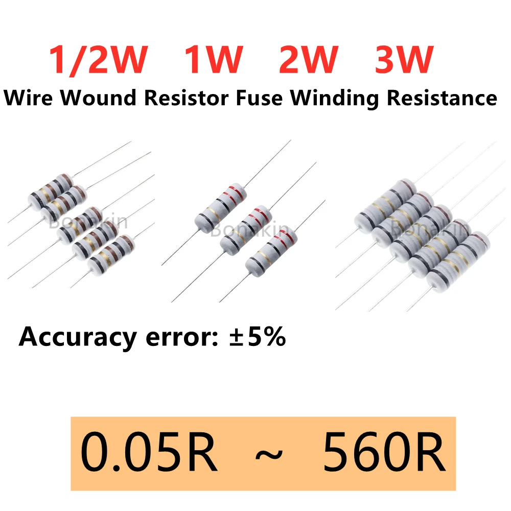 1/2 واط 1 واط 2 واط 3 واط 5% سلك الجرح المقاوم فيوز لف المقاومة 0.1R 0.22R 4.7R 5.1R 10R 20R22R 47R 51R 100R 220R 300R 470R 560ohm #1
