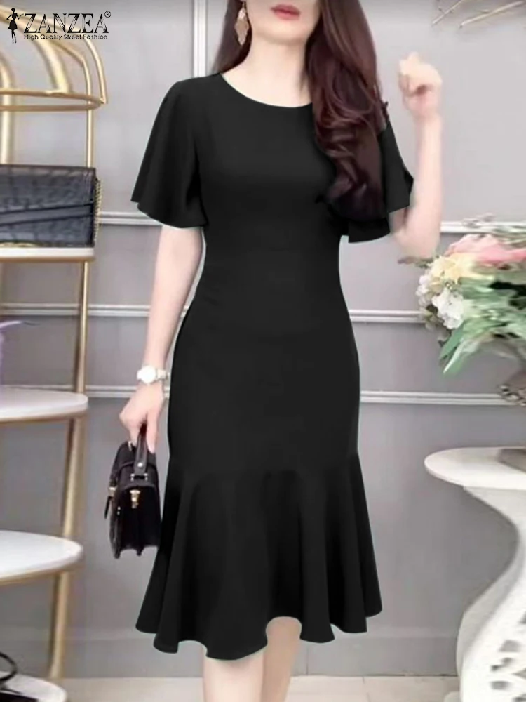 Summer Solid Party Dress ZANZEA Fashion Short Sleeve Slim Fit OL Vestidos Robe Femme Elegant Work Office Sundress Midi Dresses