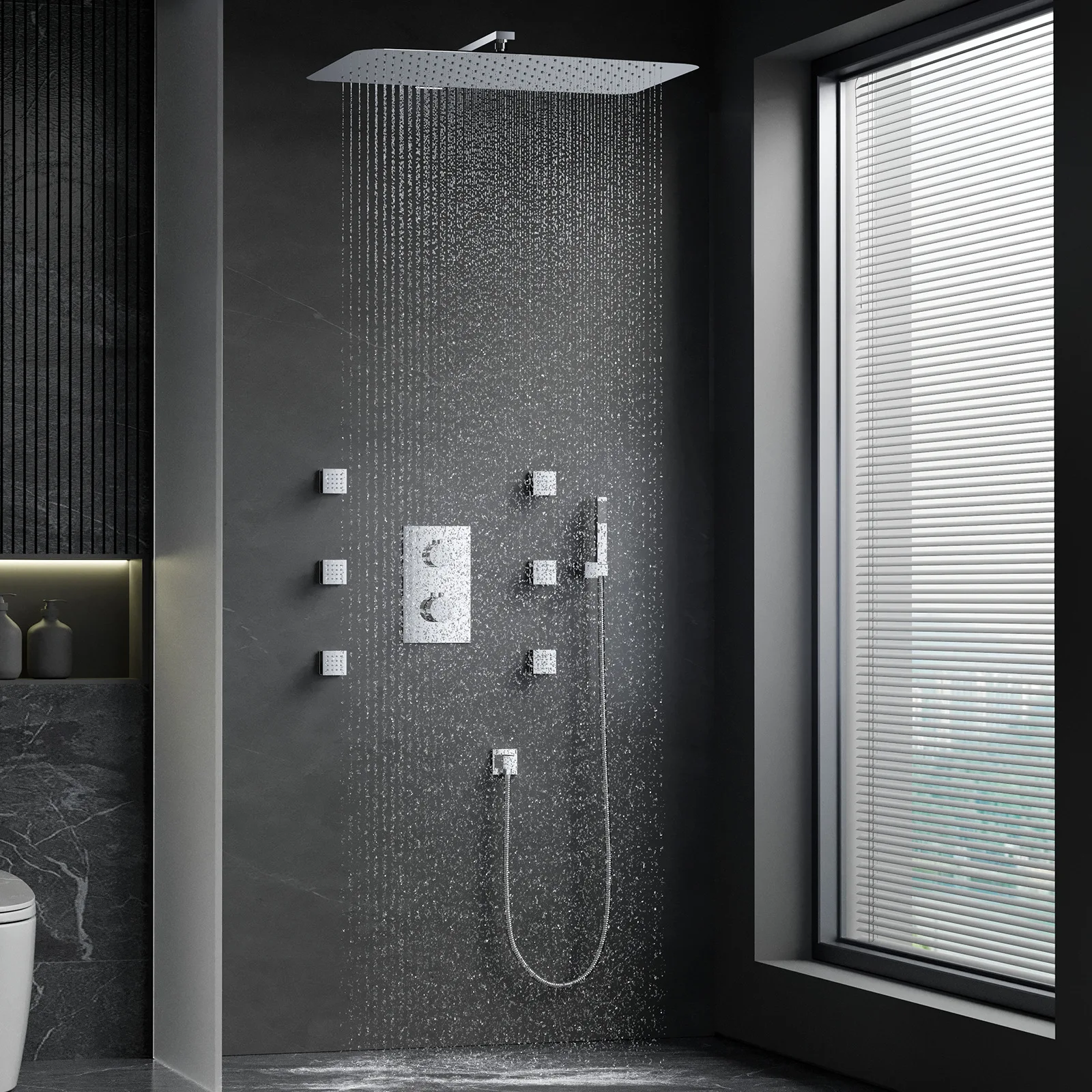 Chrome plated ultra-thin 550x350mm shower head, bathroom temperature controlled concealed shower set, wall mounted shower set