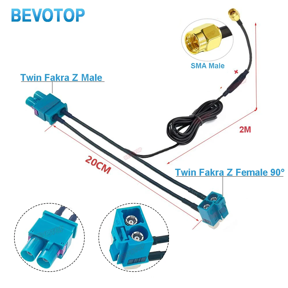 BEVOTOP Twin Fakra Z to Fakra SMA Splitter cables With Diode Custom-made RF Coaxial Cable Junper