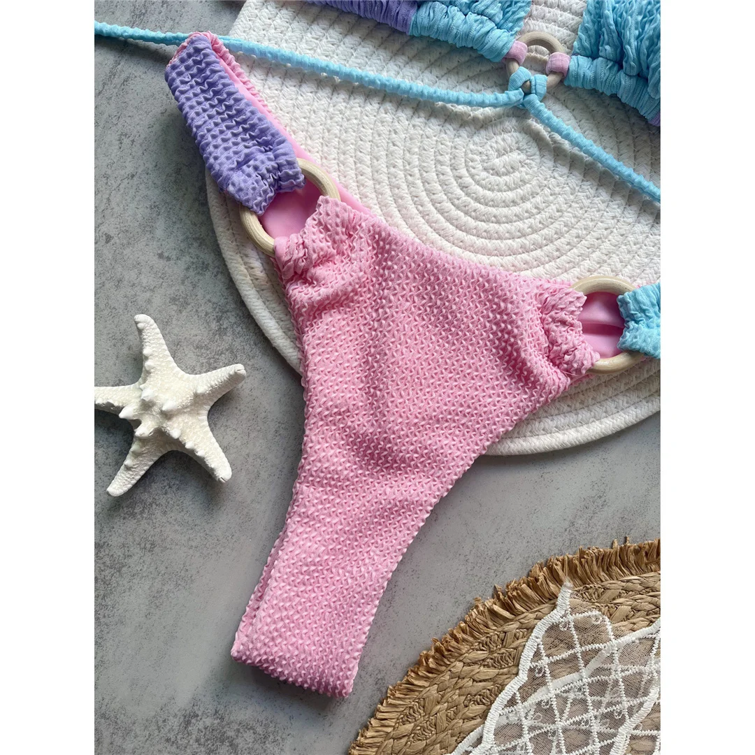 Gefältete, geknitterte, gespleißte brasilianische Bikini-Badebekleidung für Damen, zweiteiliges Bikini-Set, Badeanzug, Badebekleidung, Badeanzug, Schwimmbekleidung V6567 – Detail 5