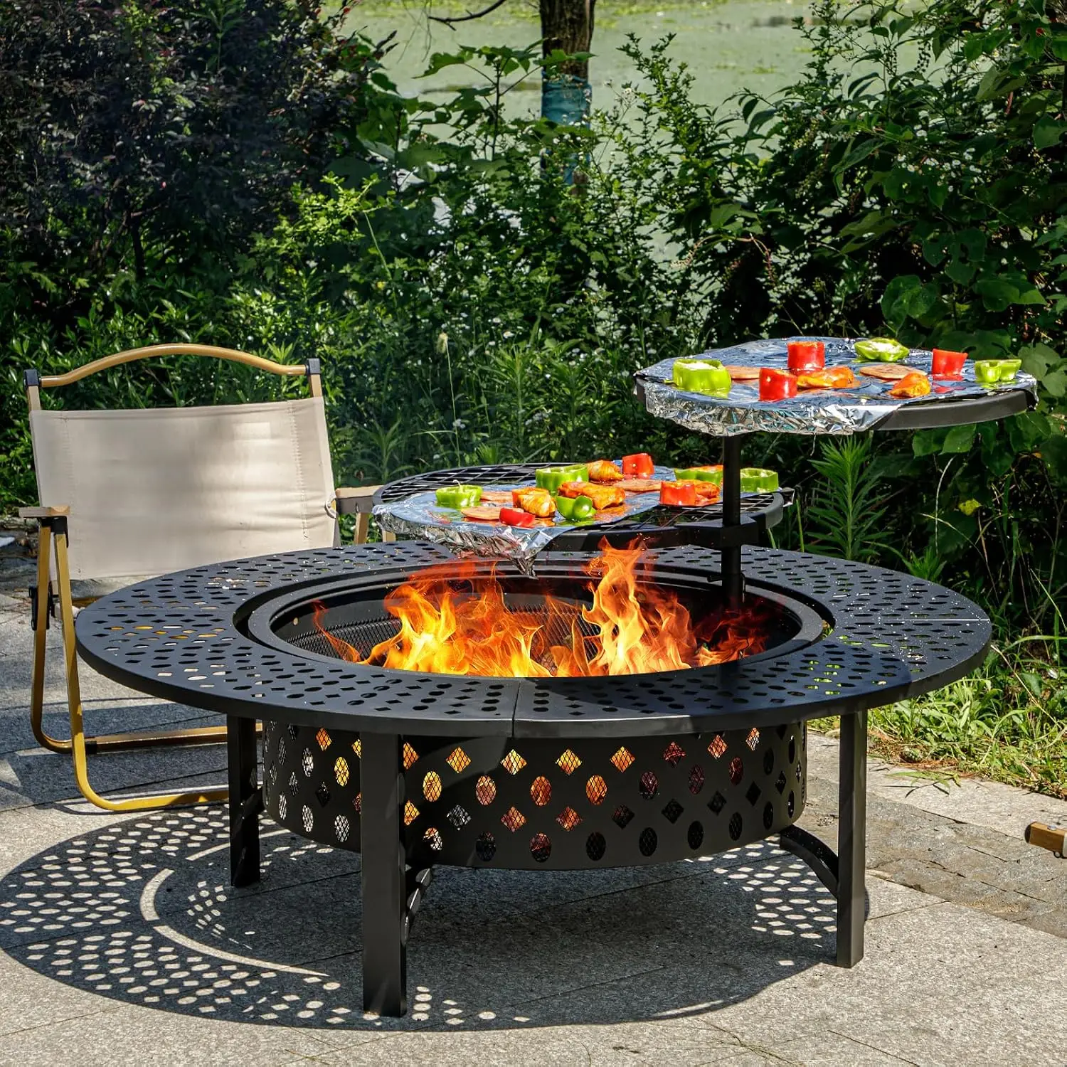 Extra Large Wood Burning Fire Pit Table With Rotating BBQ Grills, Outdoor Heavy Duty Steel Firepit Station With Spark Screen Lid And Fire Poker For Yard Patio Picnic Party, Black
