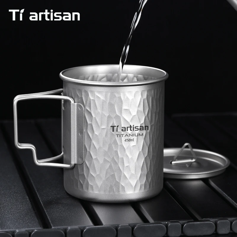 Tiartisan Titan 450ml Kaffeetasse mit gehämmerter Textur, faltbarer Wasserbecher mit Deckel, für Outdoor-Camping, leichter tragbarer Teetasse