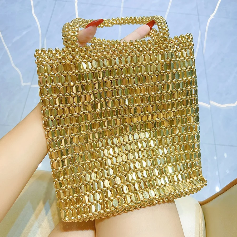 

New metallic shiny beaded bag sequined hollow out underarm bag daily shopping bag gold single-shoulder elegant handbag clutch