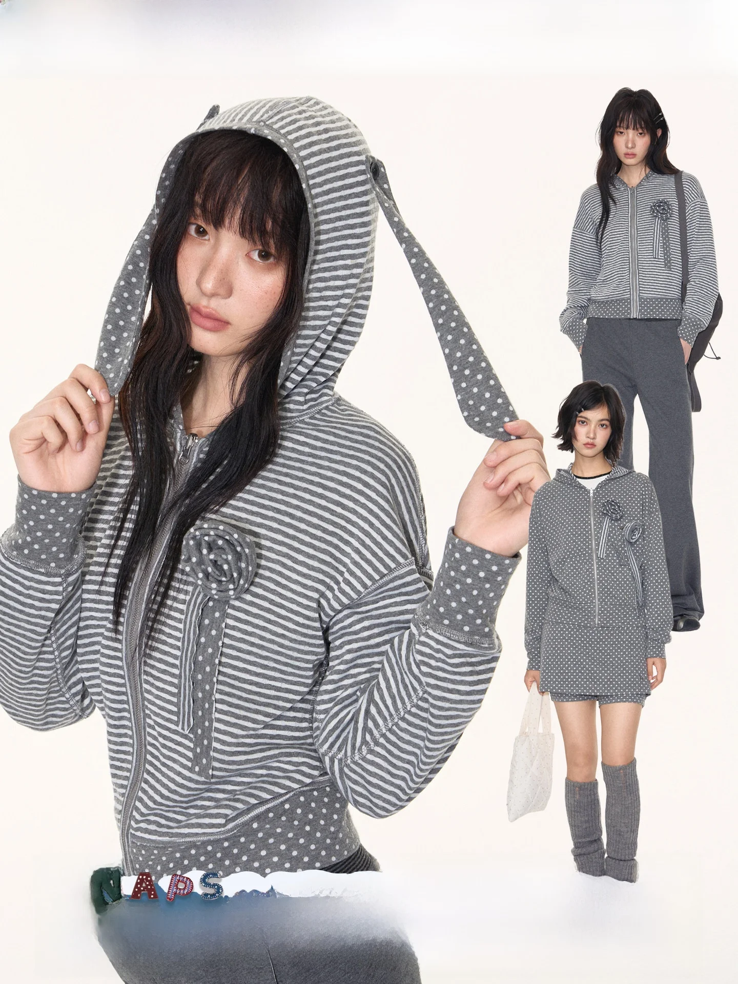 

Оригинальный комплект NAPSNAPS: двусторонняя толстовка с кроличьими ушками и имитацией двухслойной спортивной юбки-брюк, осенний, из смесового хлопка и полиэстера