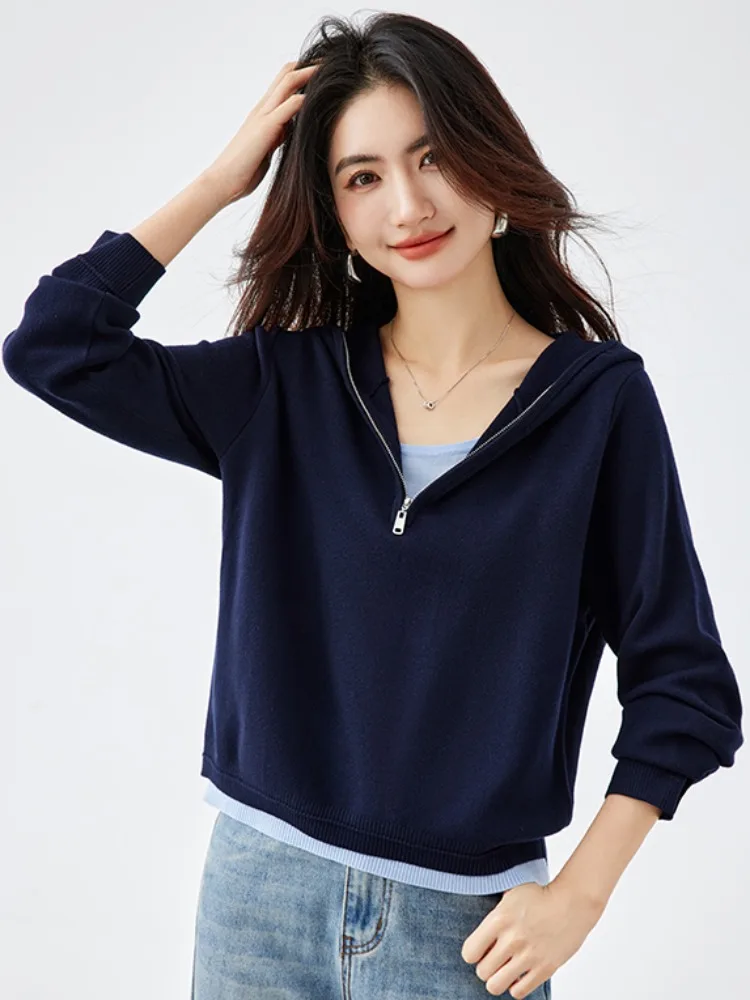 

Loose Women's Knitted Hat Sweater Casual Sle Long Sve Thermal Top Hooded Fake Two-Piece ort Length Open Front Coat