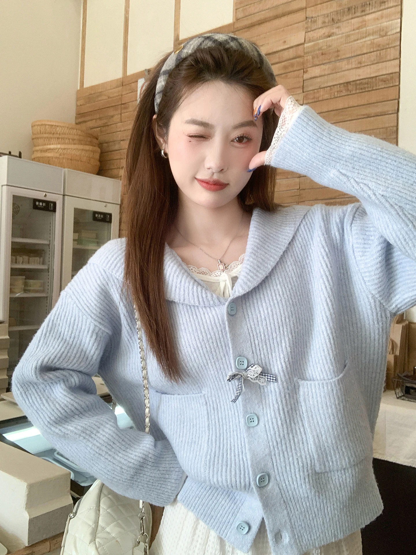 

Loose Korean Sle Blue Knitted Hat Sweater Women's Open Cardigan Casual Outerwear Top Soft Polyester Fiber Long Sve