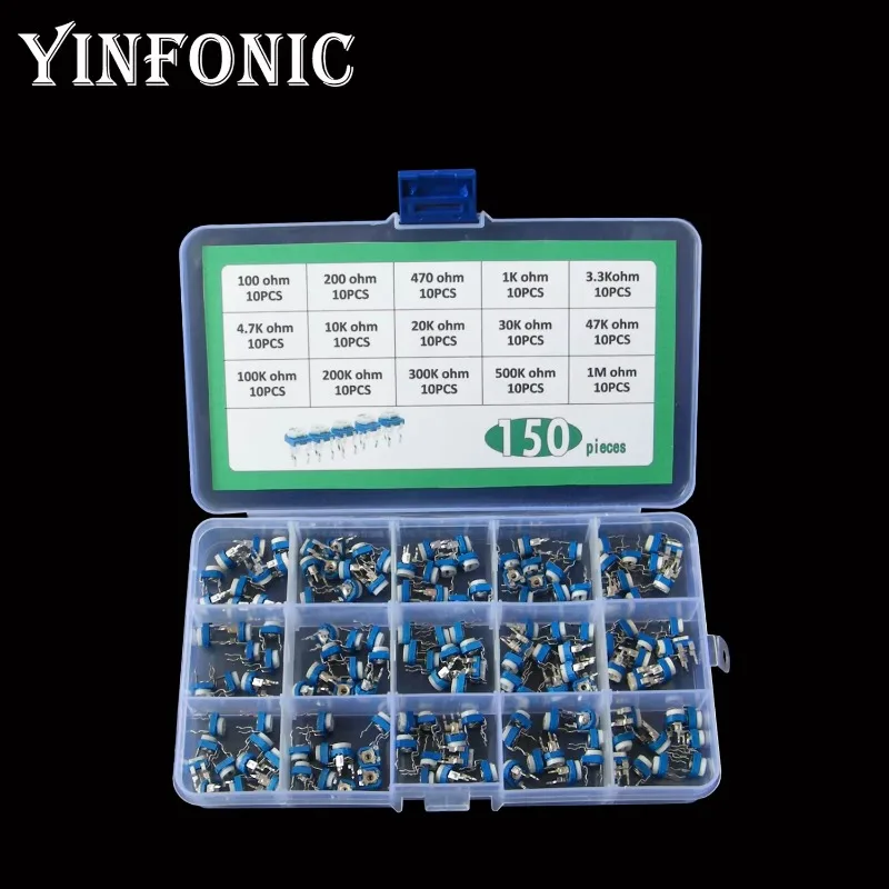 15 valores x 10pcs RM065 Horizontal Azul e branco conjunto de resistor ajustável caixa 100 ohm ~ 1M ohm