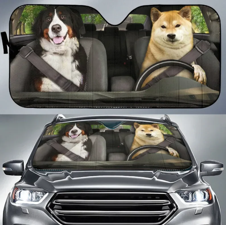 Dogs 2 Auto Sun Shade, Dog Design, Car Sun Shade, Car Decor, Custom Print, Car Accessories, Puppy, Pets, Pet Lovers, Dog Mom, Do