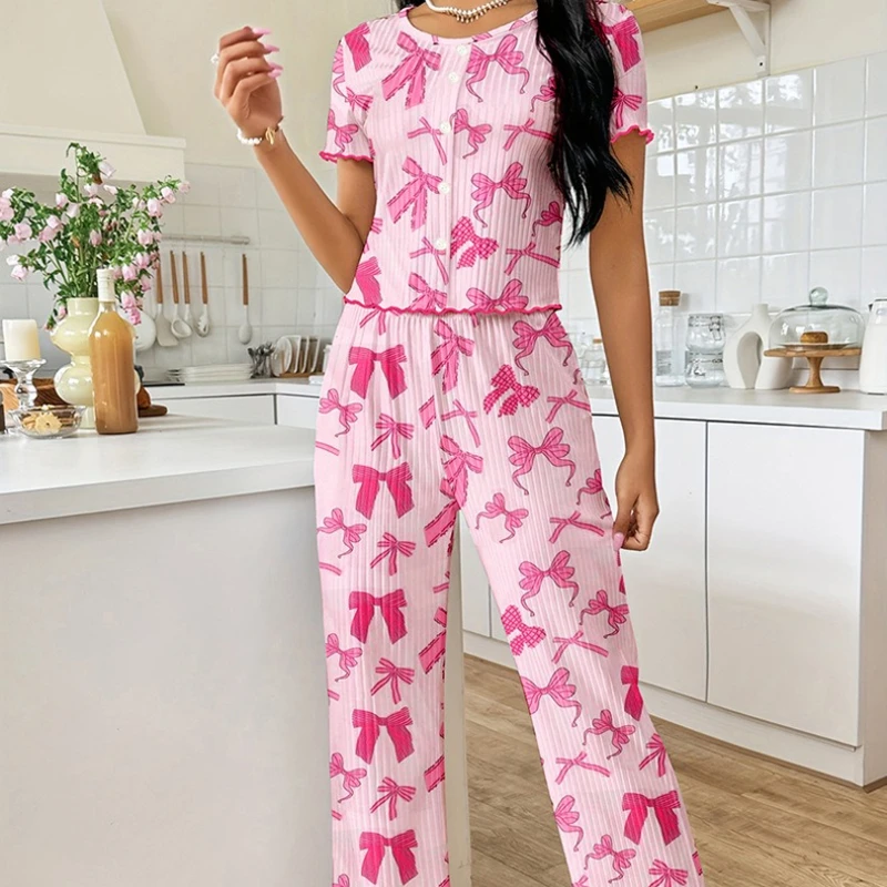 

Женская одежда для дома, летние повседневные пижамные комплекты с круглым вырезом, элегантные пижамные комплекты с короткими рукавами и принтом по всей поверхности, повседневная домашняя одежда, 2 шт.