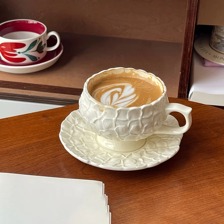 

Sanq Retro Embossed Floral Cream Coffee Cup Set Afternoon Tea Latte Art Mug Unique Gift