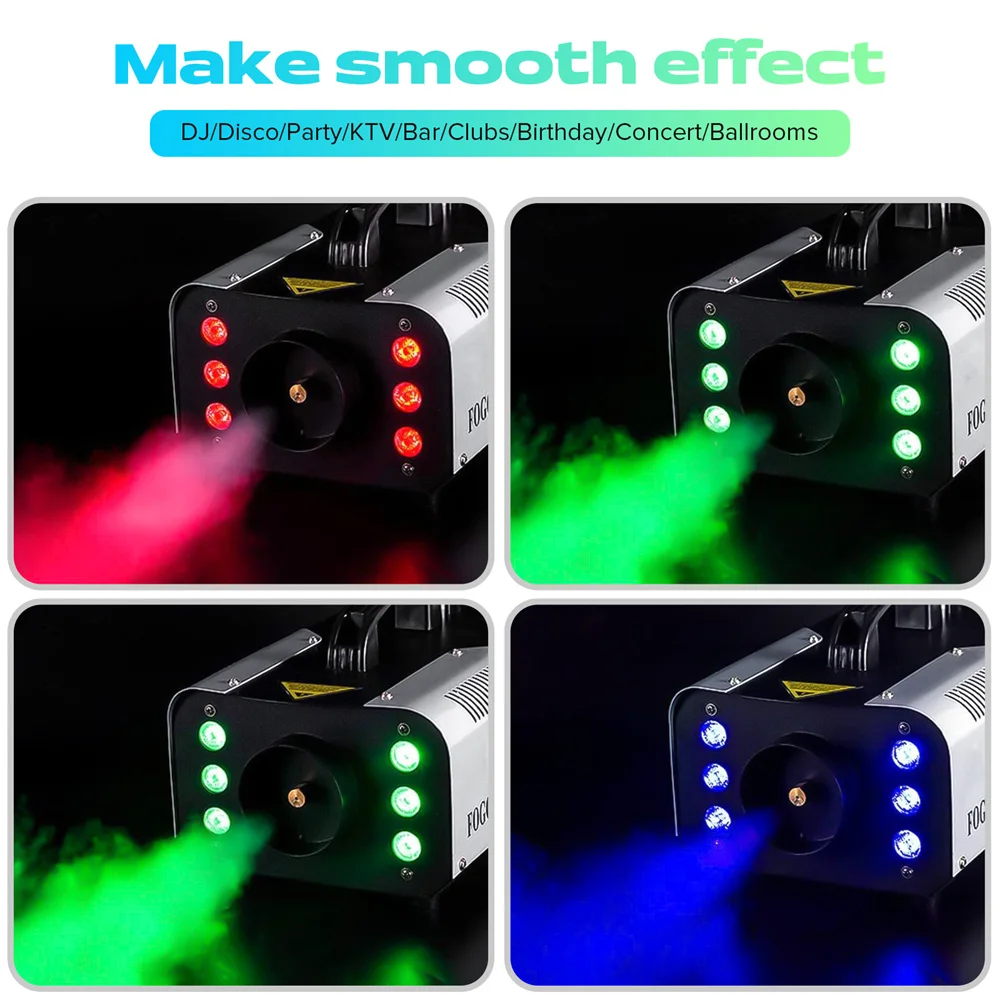 Minimáquina de humo de 1200W con 6 luces LED RGB, Control remoto y tanque de 1L para boda, fiesta, teatro, discoteca y Club