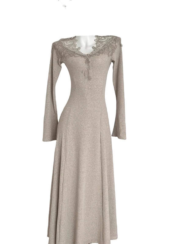 Ele renda v-ne malha dr feminino cintura alta fino ajuste a linha na altura do joelho vestido para o outono par usar malha macia dr