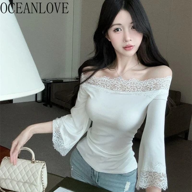 

OCEANLOVE Sexy Slash Neck T Shirt for Women Solid Lace Patchwork Flare Sleeve Ropa De Mujer Korean Fashion Slim Camisetas