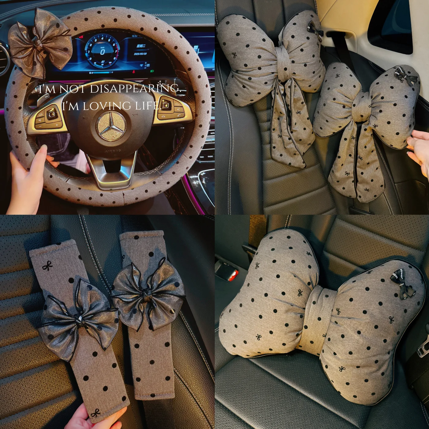 

Premium Car Pillow Set with Universal Lumbar Support Seat Belt Shoulder Pad New Gray Bow Design Interior Decor Accessories