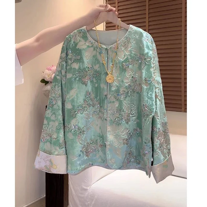 Autumn New O-Neck Contrastive Color Cuffs Chinese Style Handmade Button Silk+Velvet Sequin Beading Embroidery Women's Coat S-XL