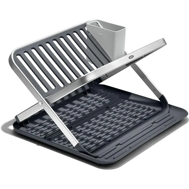 Good Grips Aluminum Fold Flat Dish Drying Rack, 2-Tier, with Drainboard, for Kitchen Counter, Collapsible