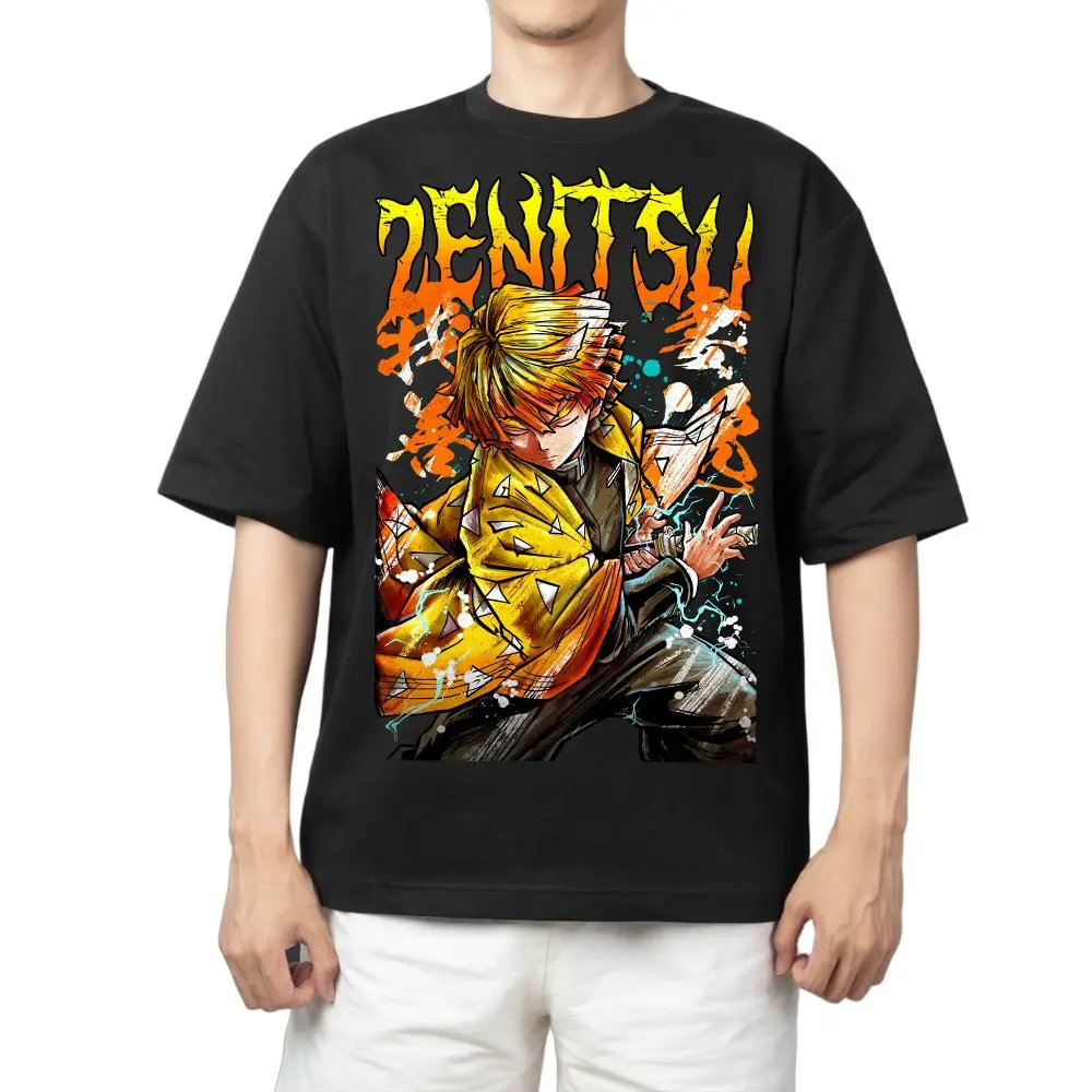 

Demon Slayer Zenitsu Agatsuma Thunder Breathing Gritty Art Style Anime Print T Shirt Men 2026 Summer Casual Streetwear Oversized