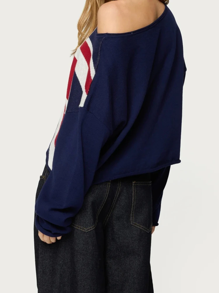 Autumn Women American Vintage Y2K  Streetwear Daily UK Flag Pattern Off Shoulder Cropped Knit Sweater