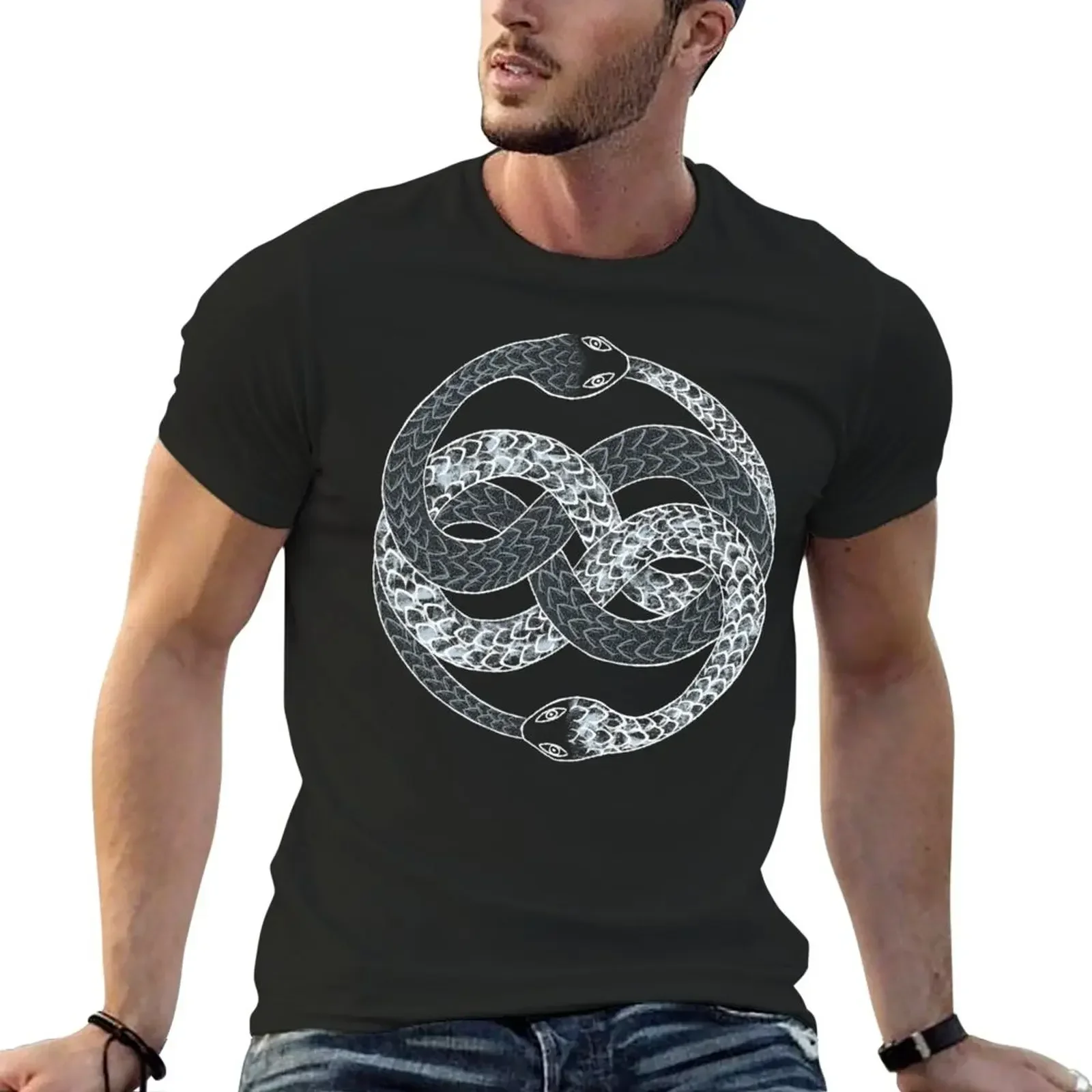 Sneldrogende Zomerkleding Zwarte T-Shirts Voor Mannen Auryn Uroboros. Slang Bijt Zijn Eigen Staart. Oneindig Verhaal. T-Shirt