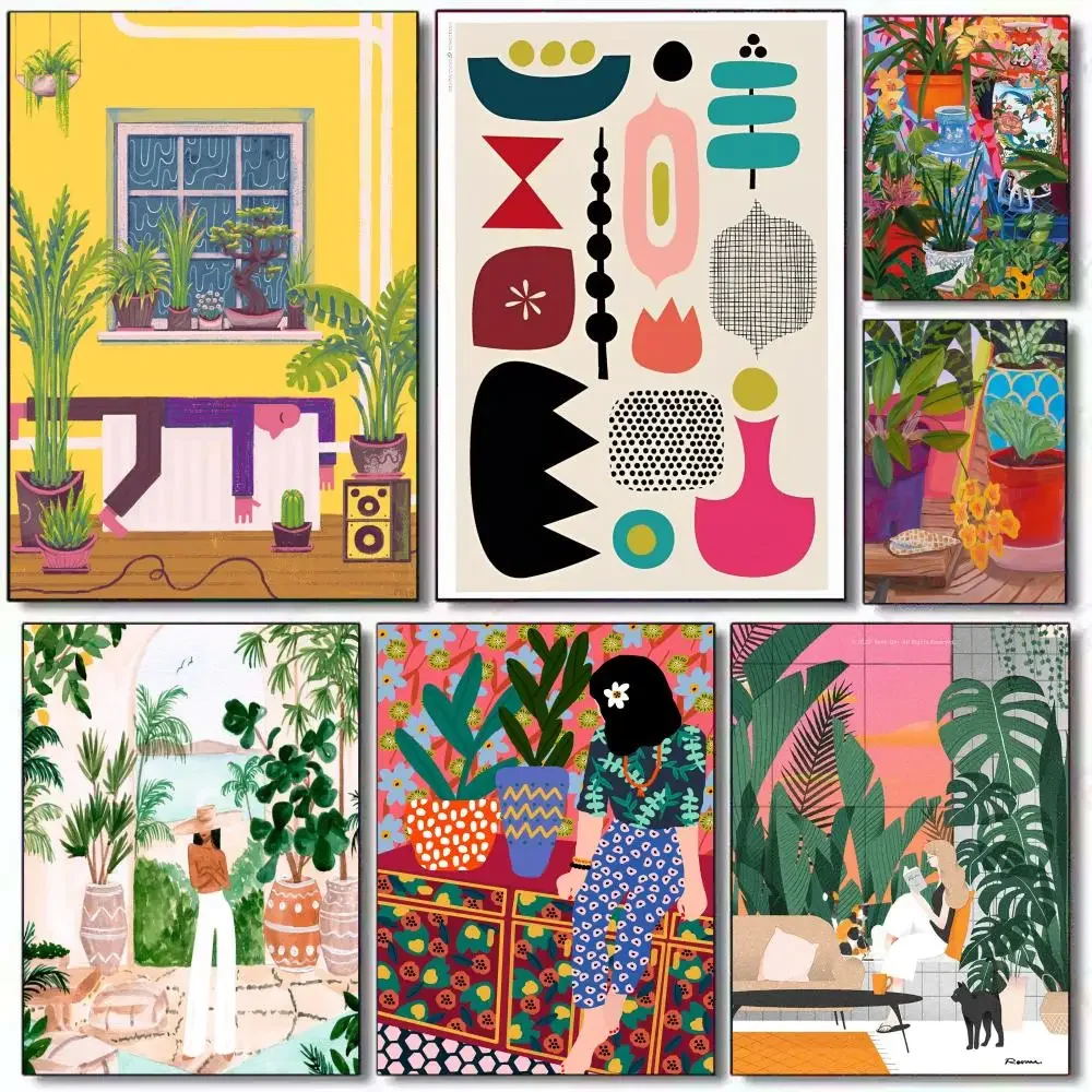Rahmenloses, modernes, mehrfarbiges, abstraktes Kunstposter mit Gartenpflanzen, HD-PVC, selbstklebende Wandkunst – wiederverwendbar für Zuhause, Büro, Café