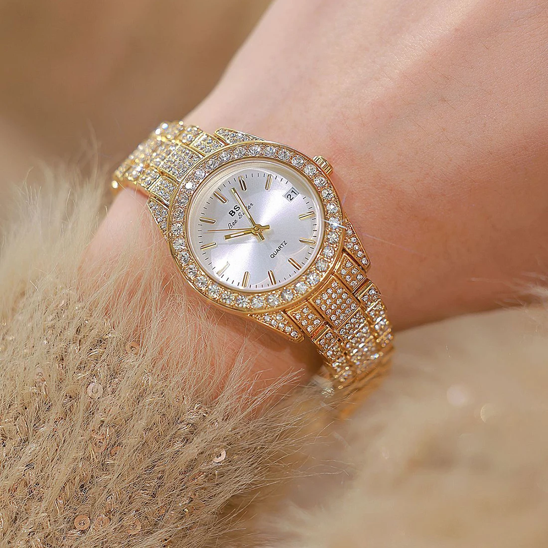 BS Original Brand Watch For Women Diamond Luxury Watch Stainless Steel Quartz Watches Ladies Fashion Gold Rhinestone Wristwatch