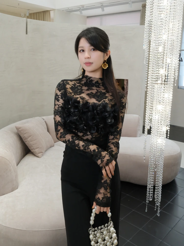 

Сексуальная кружевная базовая блузка для женщин с длинным рукавом, полувысоким воротником, приталенная, прозрачная, с цветочным декором, кружевная тонкая блузка для коррекции фигуры