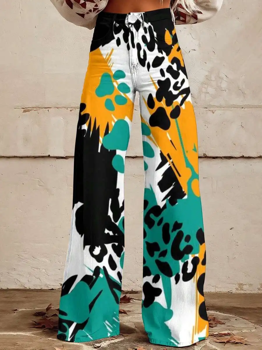 

Abstract Animal Print Wide Leg Jeans Women Casual Loose Fit Denim Pants