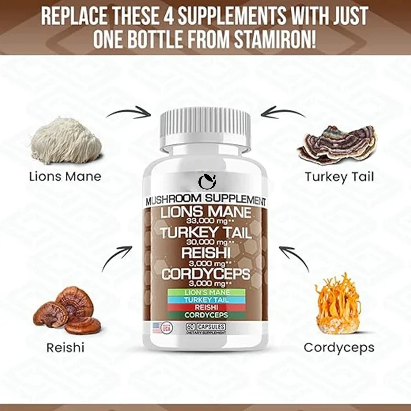 Lion Mane Supplement Turkey Tail Mushroom Capsules with Cordyceps Extract and Lingzhi Mushroom - Mushroom Gummies