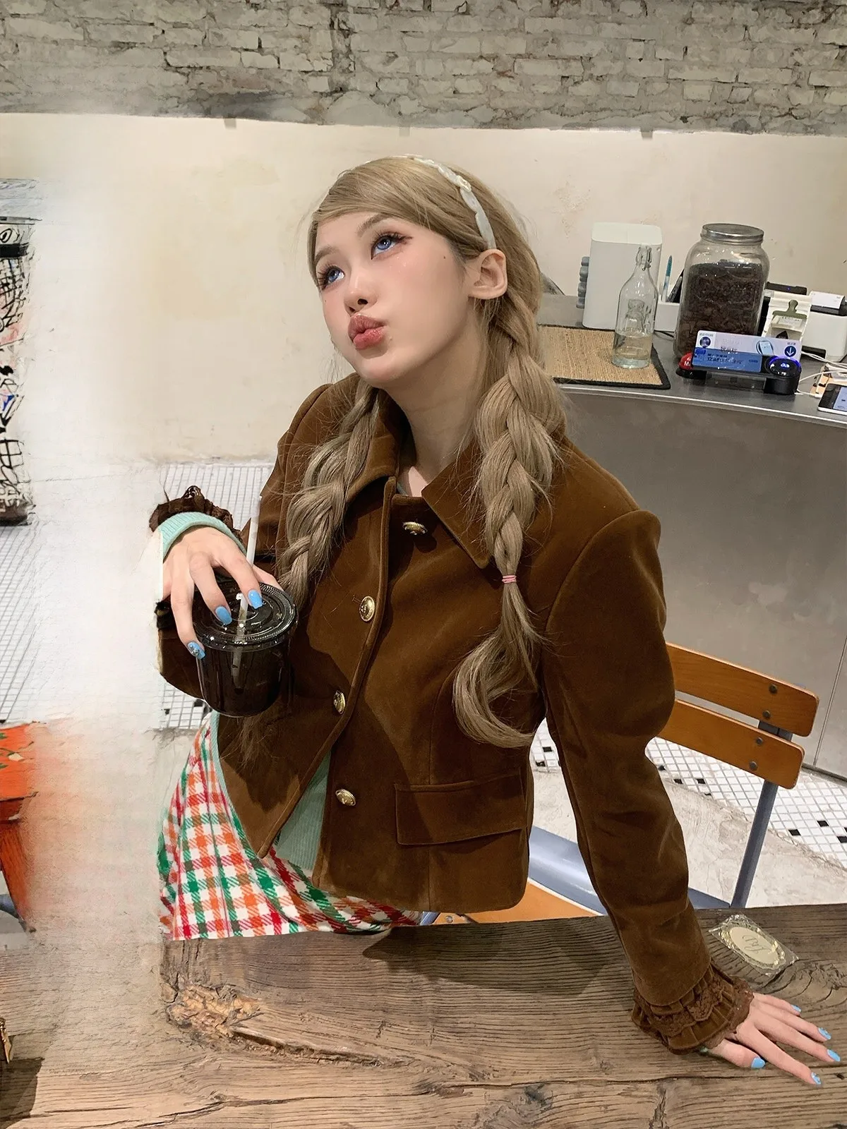 

Brown Velvet Cotton Jaet Women's Warmth Retro Sle Long Sve Button up Pure Color Commute Friendly Winter Coat