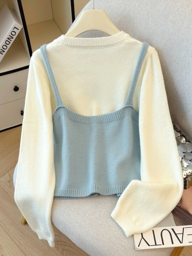 V-Ne Svel سترة علوية نسائية طويلة محبوكة مكونة من قطعتين مجموعة ذاتية الحفاظ على Sle للتنقل الكورية بقصة ضيقة