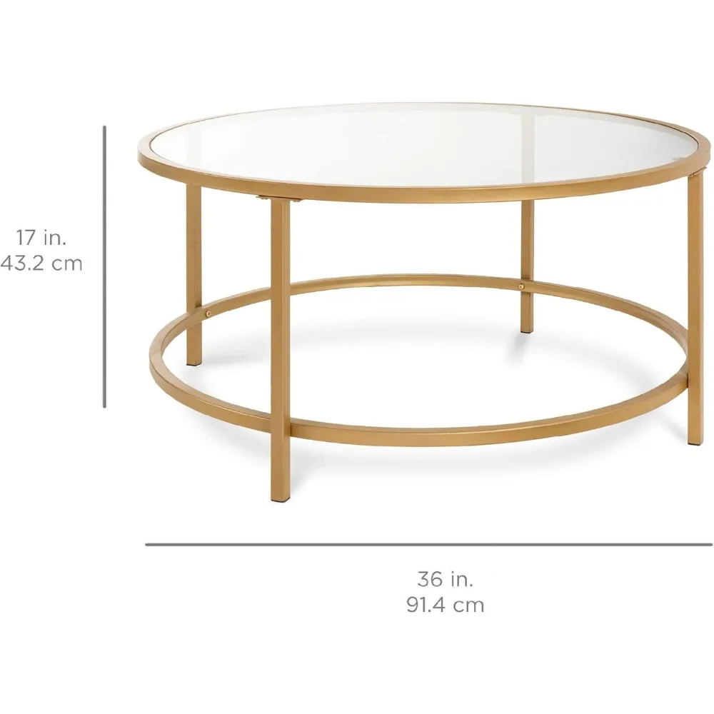 36in Modern Round Tempered Glass Accent Side Coffee Table for Living Room, Dining Room, Home Décor W/Satin Trim. Coffee Table