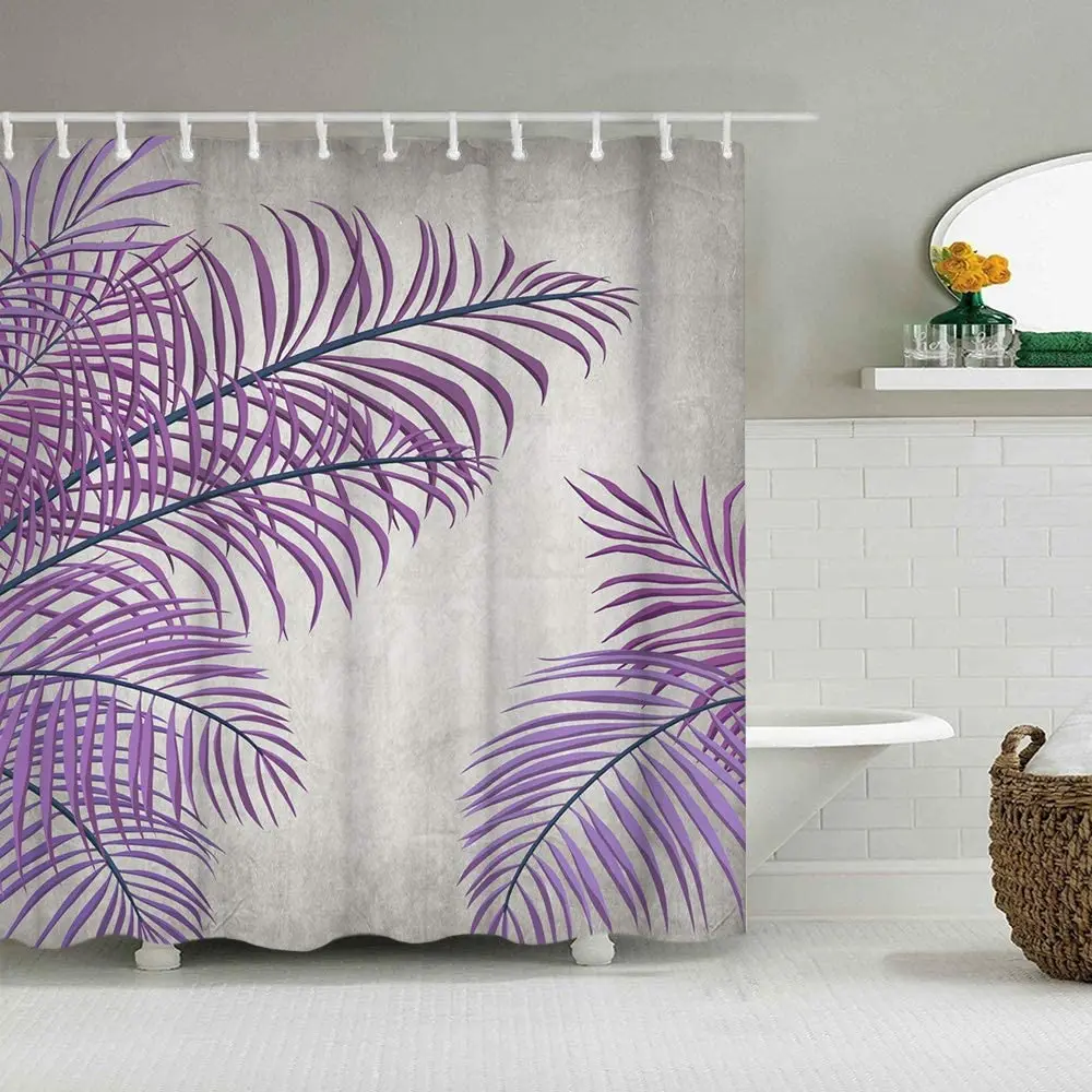 

Tropical Shower Curtain Purple Leaves Branch Vintage Grey Fabric Waterproof Polyester Bath Curtains Bathroom Decor with Hooks