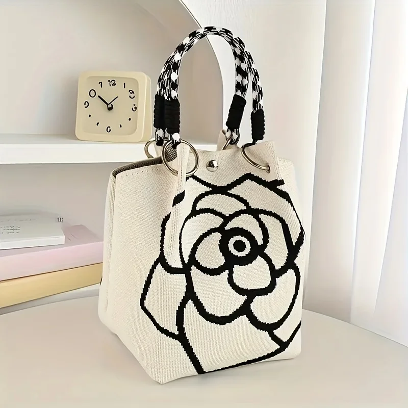 Bolsa de malha com padrão de flor preto e branco, bolsa feminina elegante de grande capacidade, versátil e portátil para deslocamento