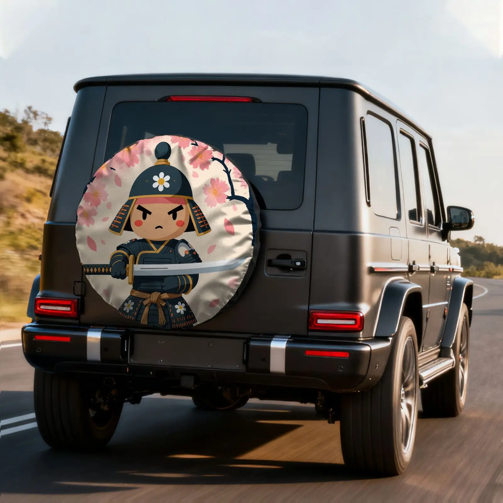 Tire Cover With Cartoon Samurai Design, Made Of Polyester Fiber, Featuring Traditional Black Armor With Golden Accents And A Che