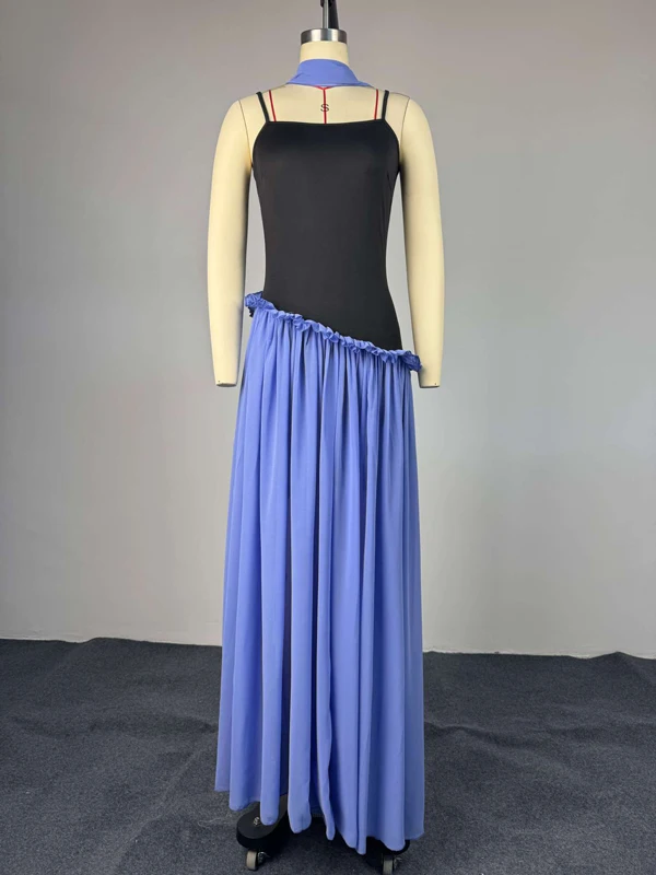 Damen Maxikleid mit Spaghettiträgern, Farbblock-Chiffon, langes Kleid mit Halter-Schal-Dekor, Rüschenbesatz, elegante Party- und Abendkleider – Detail 8