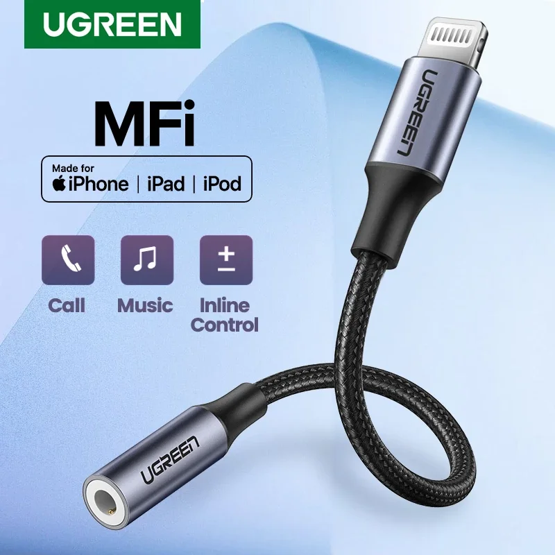 UGREEN อะแดปเตอร์สำหรับ iPhone MFi DAC Lightning ถึง3.5มม.อะแดปเตอร์หูฟังสำหรับ iPhone 12 11 Pro Max Xr Aux สายโทรศัพท์อุปกรณ์เสริม