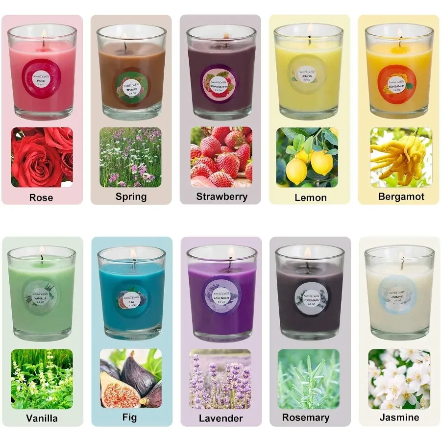 Confezione da 20 candele profumate per aromaterapia con fragranze naturali di gelsomino, rosa, vaniglia, bergamotto, fico, lavanda, limone, paglia primaverile