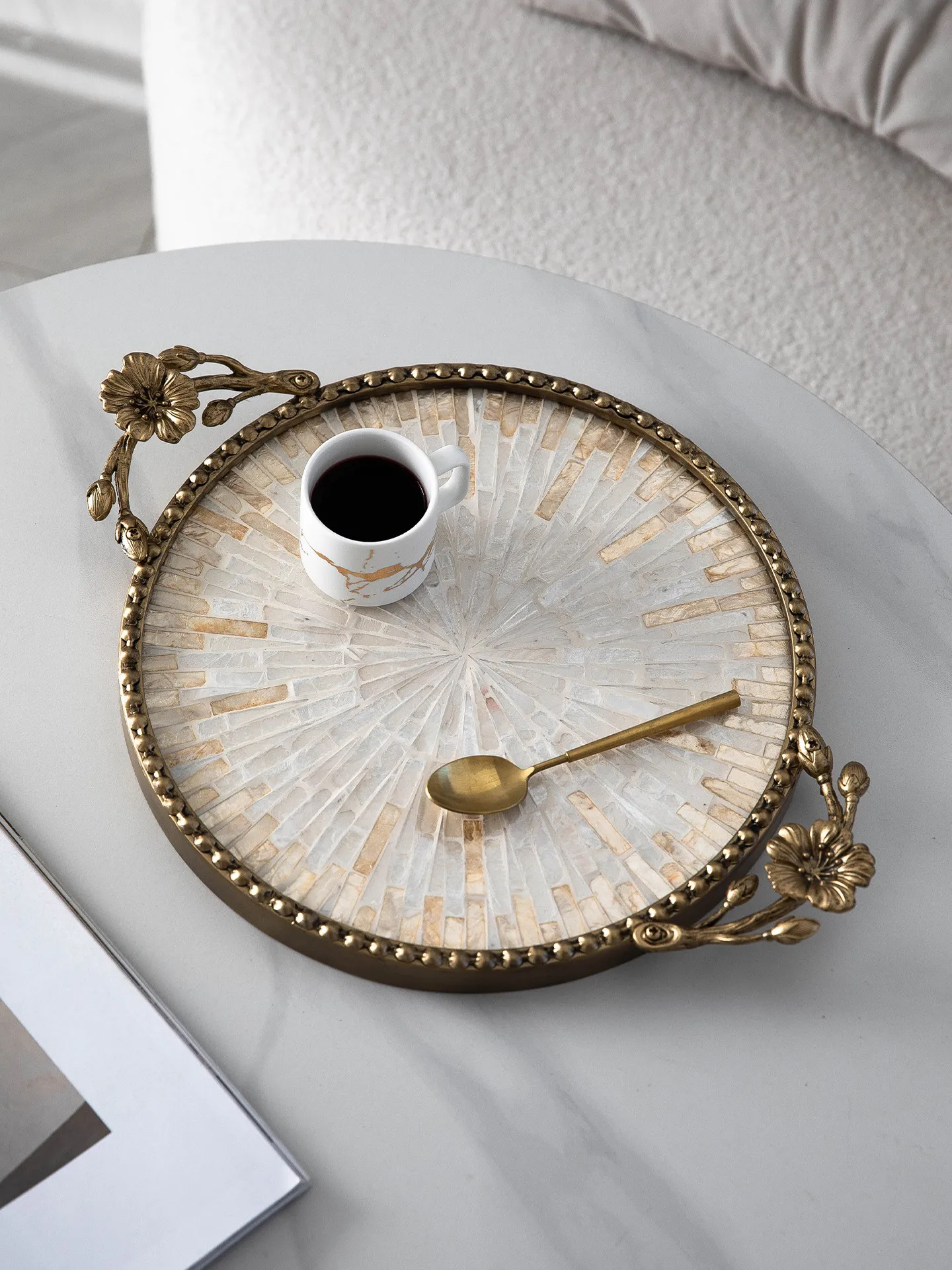 Luxury Round Mother of Pearl Inlay Tray with Metal Floral Handles Elegant Iron Serving Tray for Coffee Table Home Decor