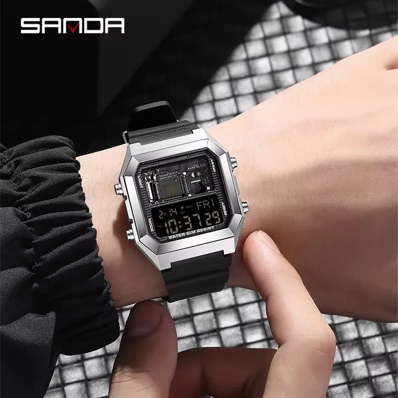 SANDA 6216 Fashion Students Electronic Watch Square Multifunction Waterproof Shockproof Calendar Luminous Outdoor Sports Watches