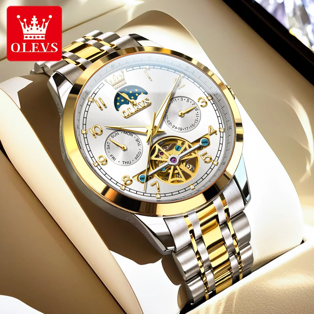 

OLEVS Watch 7071 Mens Watch Luxury Business Skeleton Mechanical Wristwatch Moon Phase Day Date Watches For Man Gifts New Reloj