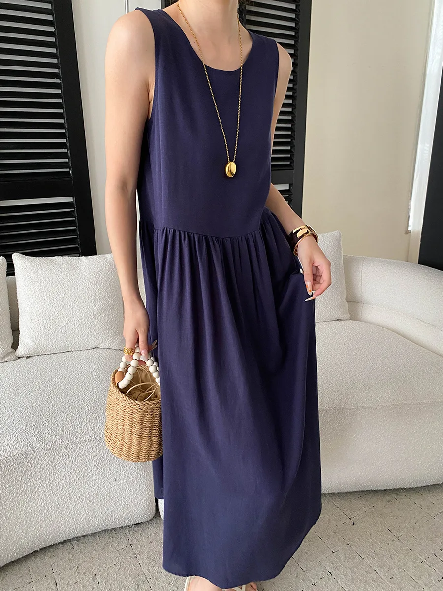 Sommerliches, lässiges, einfarbiges, ärmelloses Patchwork-Kleid mit Rundhalsausschnitt für Damen – Detail 18