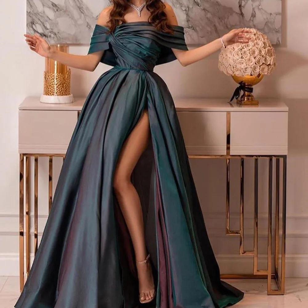 

Customized High Quality Satin A-Line Side Slit Off the Shoulder Evening Dress Sexy Floor Length Boat Neck vestidos de fiesta