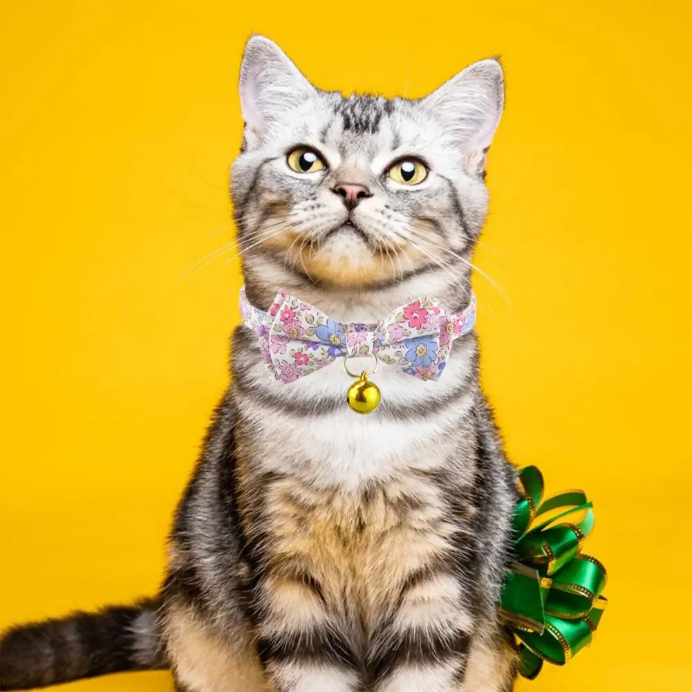 Pet Collar for Location Tracking Elegant Floral Print Pet Collar with Bowtie Bell for Cats Dogs Adjustable Fabric Neck for Small