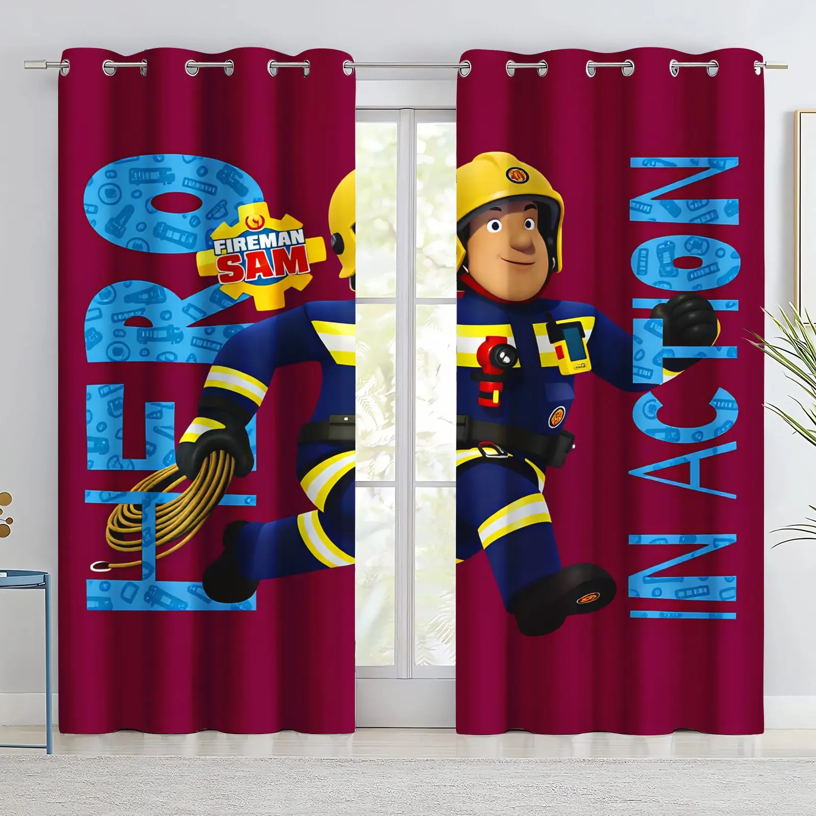 Cartoon Fireman Sam Blackout Curtains, 2 Panels Window Drapes, Anime Firefighter Character Print Curtain, Home Bedroom Kids Room
