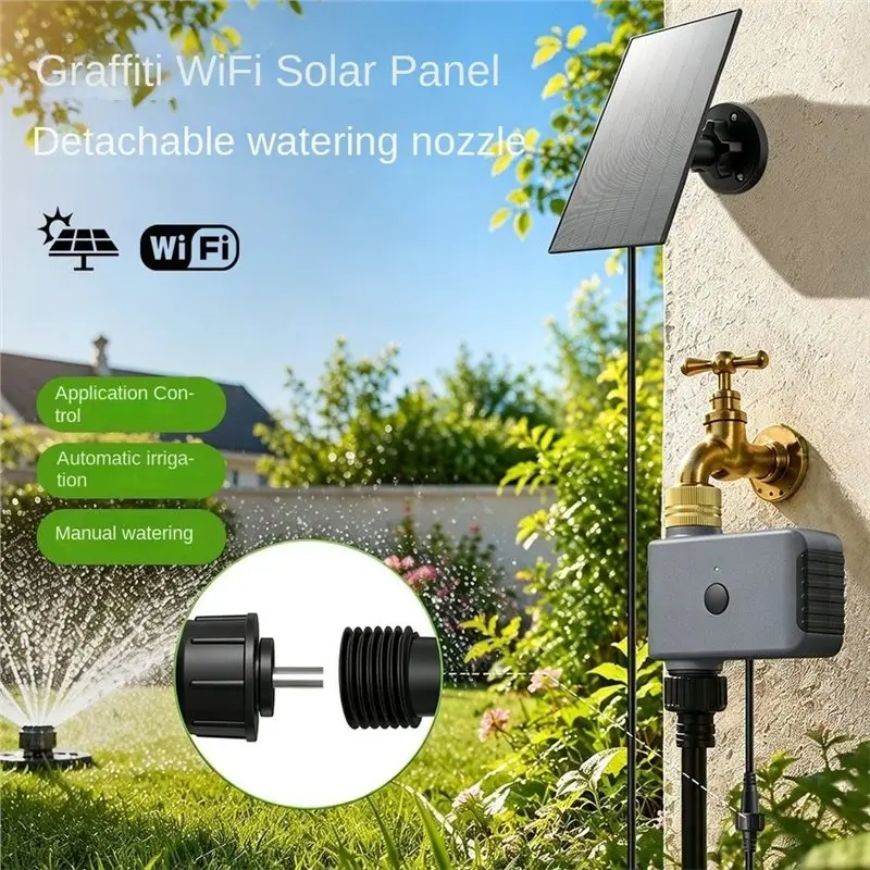 ABUG-Solar Powered Wifi Irrigation Timer 2 Zone Timing Programmable Controller Smart System For Garden Sprinkler, NPT Connection