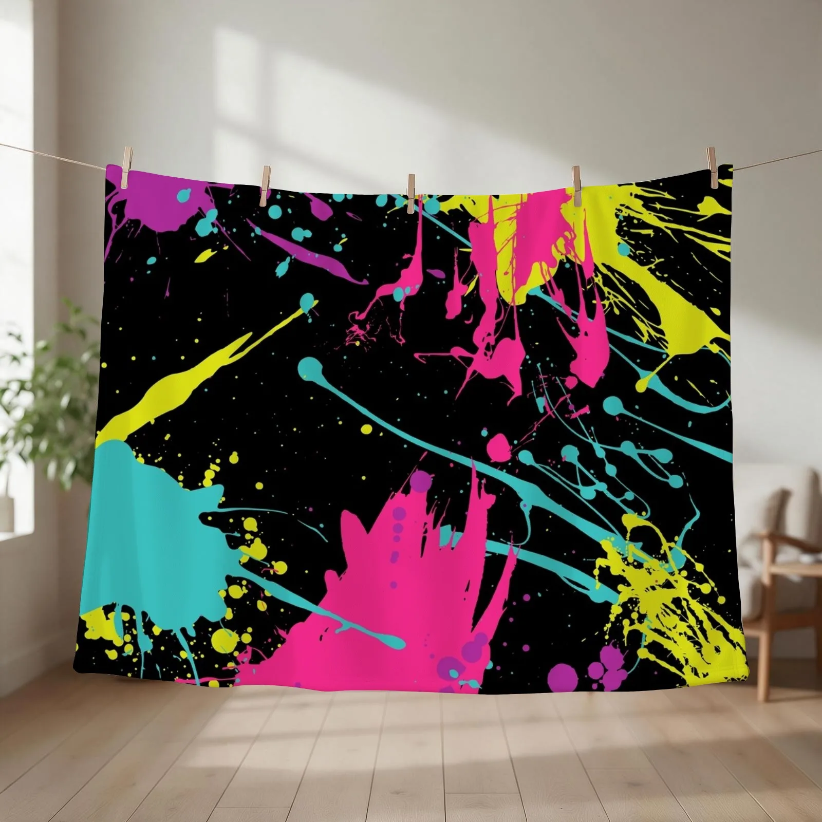 Splatter Paint Black Throw Blanket couch cozy soft plush fuzzy picnic outdoor blanket